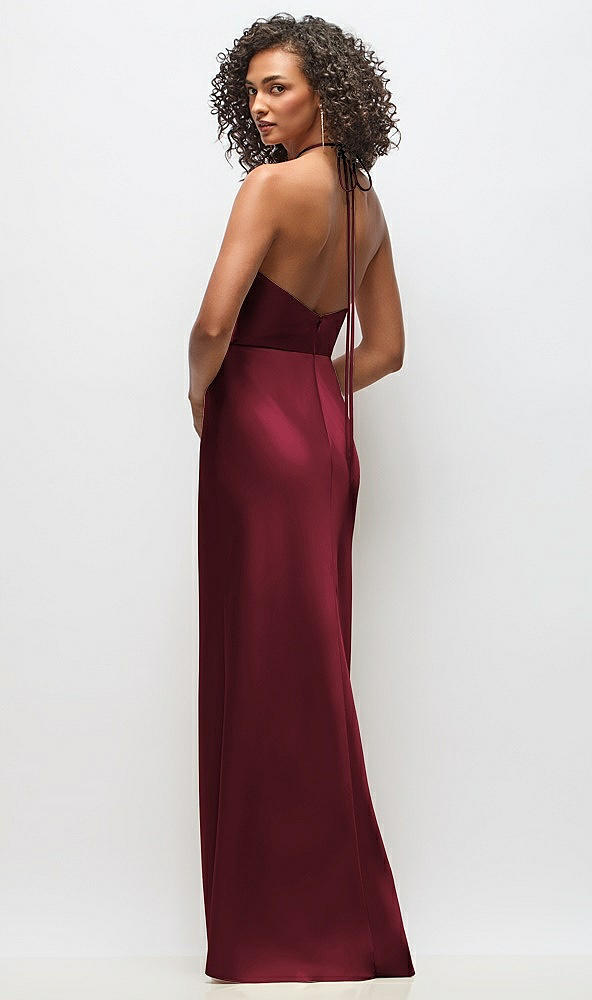 Back View - Cabernet High-Neck Halter Stretch Satin Maxi Dress with Bias A-line Skirt