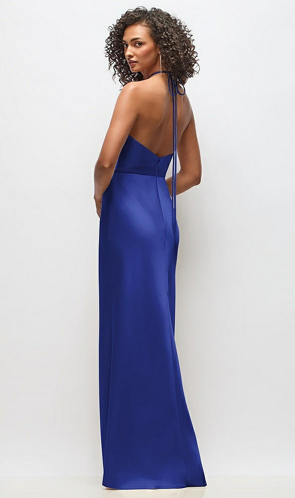Back View - Cobalt Blue High-Neck Halter Stretch Satin Maxi Dress with Bias A-line Skirt