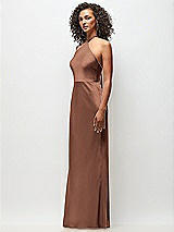 Side View Thumbnail - Cognac High-Neck Halter Stretch Satin Maxi Dress with Bias A-line Skirt