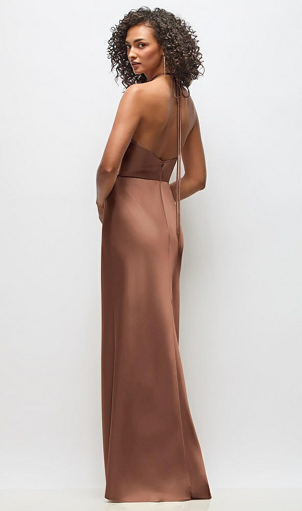 Back View - Cognac High-Neck Halter Stretch Satin Maxi Dress with Bias A-line Skirt
