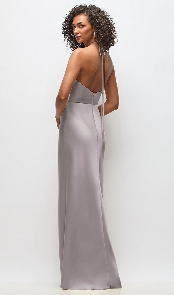 Back View - Cashmere Gray High-Neck Halter Stretch Satin Maxi Dress with Bias A-line Skirt
