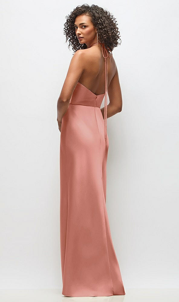 Back View - Desert Rose High-Neck Halter Stretch Satin Maxi Dress with Bias A-line Skirt