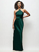 Front View Thumbnail - Evergreen High-Neck Halter Stretch Satin Maxi Dress with Bias A-line Skirt