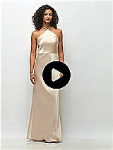 Video 1 Thumbnail - Deep Plum High-Neck Halter Stretch Satin Maxi Dress with Bias A-line Skirt