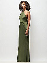 Side View Thumbnail - Olive Green High-Neck Halter Stretch Satin Maxi Dress with Bias A-line Skirt