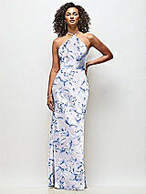 Front View Thumbnail - Magnolia Sky High-Neck Halter Floral Stretch Satin Maxi Dress with Bias A-line Skirt