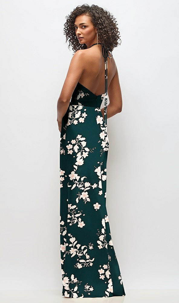 Back View - Vintage Primrose Evergreen High-Neck Halter Floral Stretch Satin Maxi Dress with Bias A-line Skirt