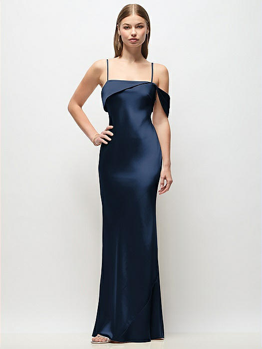 Asymmetrical Cuff Neck Stretch Satin Bias Maxi Dress with Adjustable Spaghetti Straps