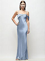 Front View Thumbnail - Cloudy Asymmetrical Cuff Neck Stretch Satin Bias Maxi Dress with Adjustable Spaghetti Straps