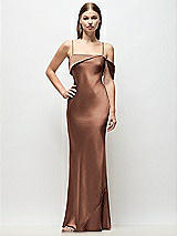 Front View Thumbnail - Cognac Asymmetrical Cuff Neck Stretch Satin Bias Maxi Dress with Adjustable Spaghetti Straps