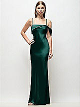 Front View Thumbnail - Evergreen Asymmetrical Cuff Neck Stretch Satin Bias Maxi Dress with Adjustable Spaghetti Straps