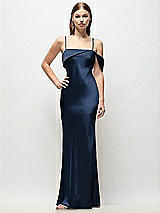 Front View Thumbnail - Midnight Navy Asymmetrical Cuff Neck Stretch Satin Bias Maxi Dress with Adjustable Spaghetti Straps
