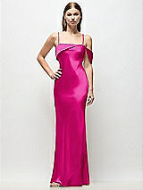 Front View Thumbnail - Think Pink Asymmetrical Cuff Neck Stretch Satin Bias Maxi Dress with Adjustable Spaghetti Straps