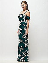 Side View Thumbnail - Vintage Primrose Evergreen Asymmetrical Cuff Neck Floral Stretch Satin Bias Maxi Dress with Adjustable Spaghetti Straps