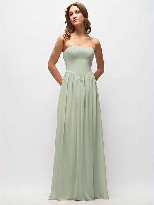 Strapless Basque Drop Waist Chiffon Maxi Dress with Shirred Skirt 