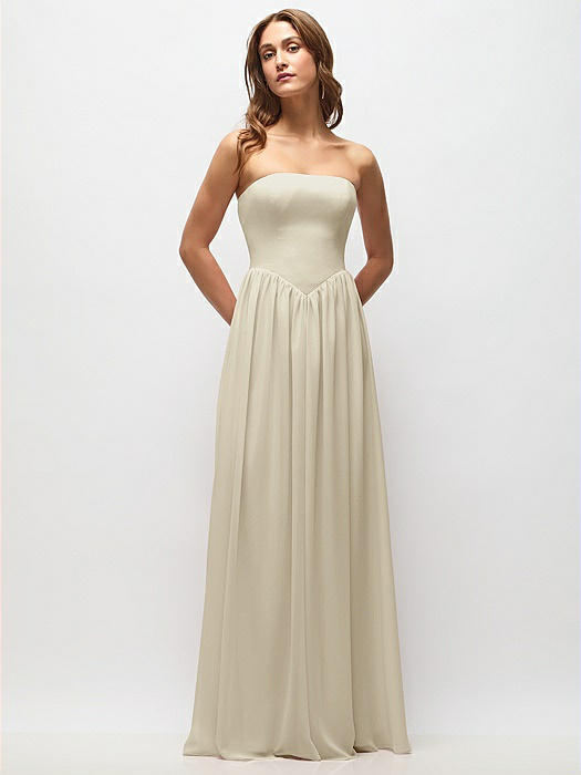 Strapless Basque Drop Waist Chiffon Maxi Dress with Shirred Skirt 