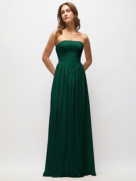 Strapless Basque Drop Waist Chiffon Maxi Dress with Shirred Skirt 