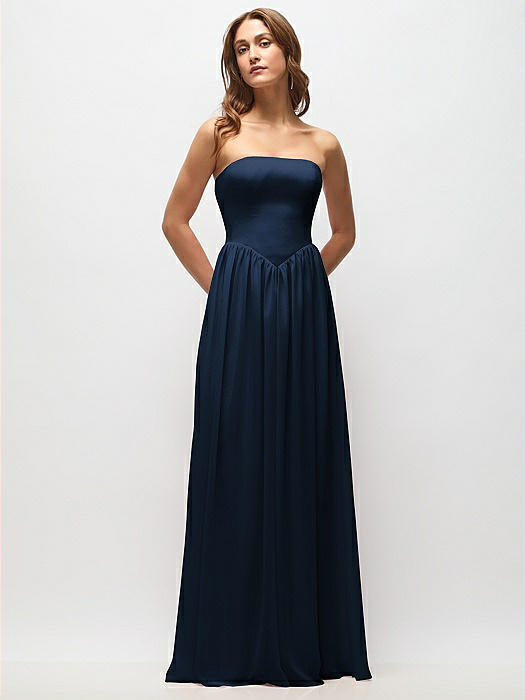 Strapless Basque Drop Waist Chiffon Maxi Dress with Shirred Skirt 