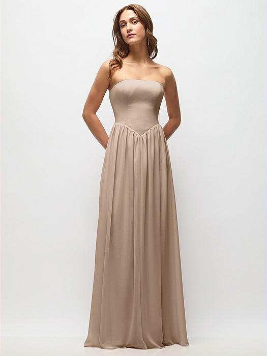 Strapless Basque Drop Waist Chiffon Maxi Dress with Shirred Skirt 