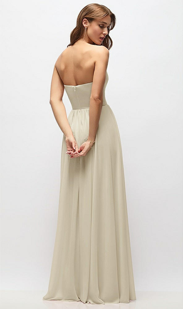 Back View - Champagne Strapless Basque Drop Waist Chiffon Maxi Dress with Shirred Skirt 