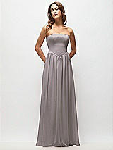 Front View Thumbnail - Cashmere Gray Strapless Basque Drop Waist Chiffon Maxi Dress with Shirred Skirt 