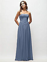 Front View Thumbnail - Larkspur Blue Strapless Basque Drop Waist Chiffon Maxi Dress with Shirred Skirt 