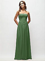 Front View Thumbnail - Vineyard Green Strapless Basque Drop Waist Chiffon Maxi Dress with Shirred Skirt 