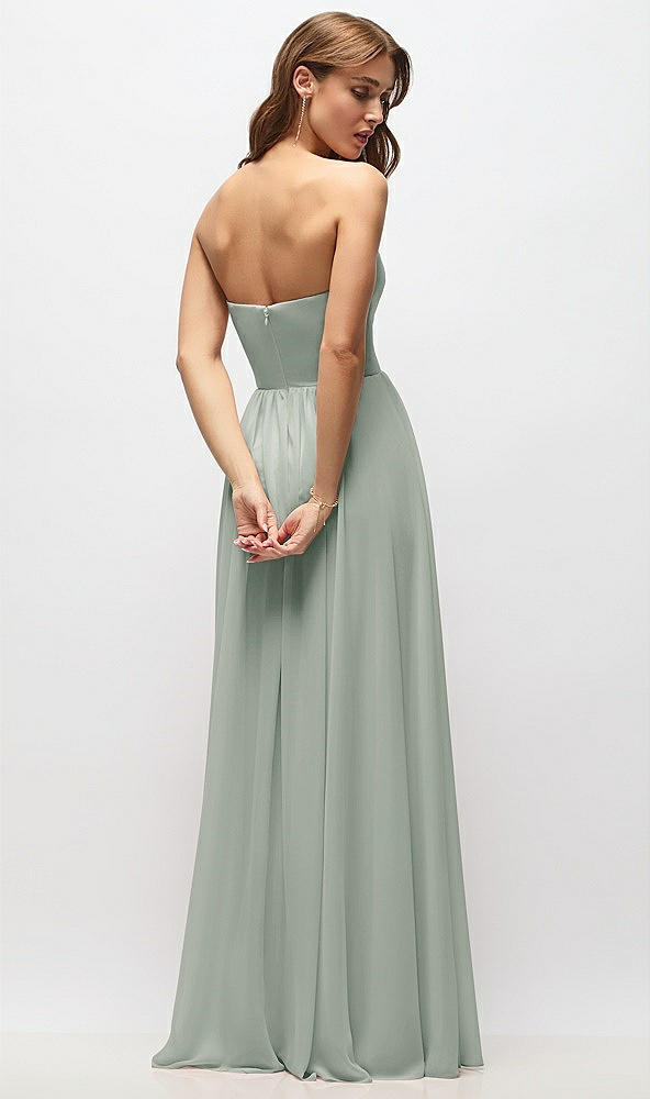 Back View - Willow Green Strapless Basque Drop Waist Chiffon Maxi Dress with Shirred Skirt 