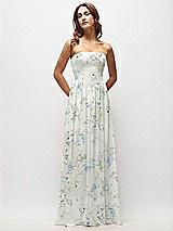 Front View Thumbnail - Bleu Garden Strapless Basque Drop Waist Floral Chiffon Maxi Dress with Shirred Skirt 