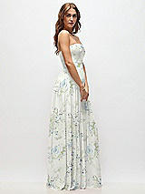 Side View Thumbnail - Bleu Garden Strapless Basque Drop Waist Floral Chiffon Maxi Dress with Shirred Skirt 
