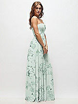 Side View Thumbnail - Mint Green Floral Strapless Basque Drop Waist Floral Chiffon Maxi Dress with Shirred Skirt 
