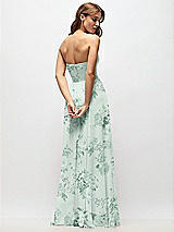 Rear View Thumbnail - Mint Green Floral Strapless Basque Drop Waist Floral Chiffon Maxi Dress with Shirred Skirt 