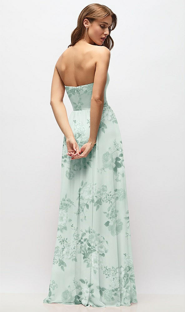 Back View - Mint Green Floral Strapless Basque Drop Waist Floral Chiffon Maxi Dress with Shirred Skirt 