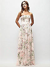 Front View Thumbnail - Blush Garden Strapless Basque Drop Waist Floral Chiffon Maxi Dress with Shirred Skirt 