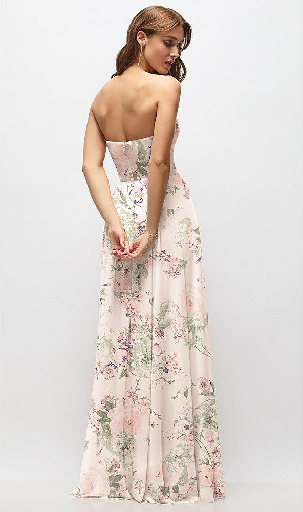 Back View - Blush Garden Strapless Basque Drop Waist Floral Chiffon Maxi Dress with Shirred Skirt 