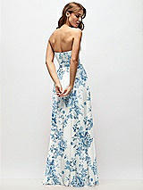 Rear View Thumbnail - Cottage Rose Dusk Blue Strapless Basque Drop Waist Floral Chiffon Maxi Dress with Shirred Skirt 