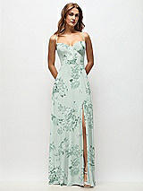 Front View Thumbnail - Mint Green Floral Wrap Bodice Floral Chiffon Maxi Dress with Adjustable Spaghetti Straps