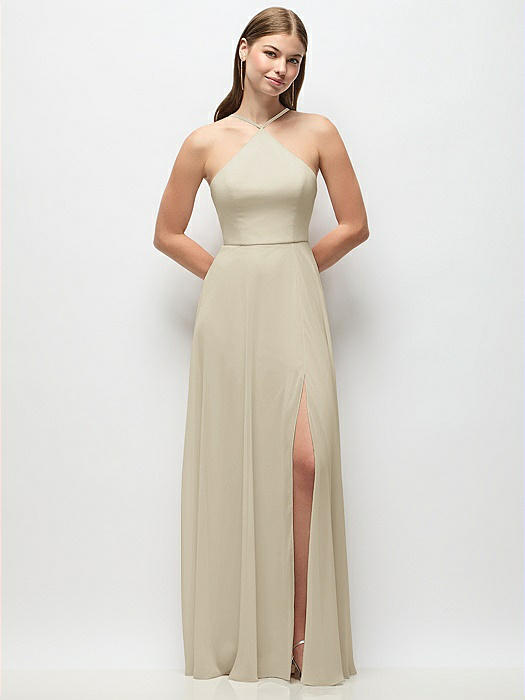 High-Neck Halter Chiffon Maxi Dress with Adjustable Spaghetti Straps
