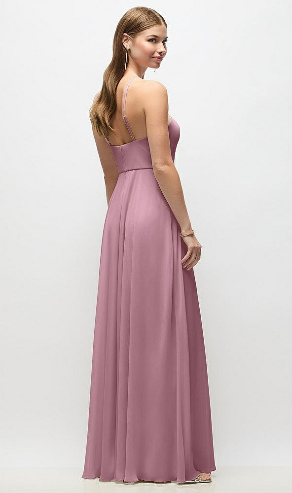 Back View - Dusty Pink High-Neck Halter Chiffon Maxi Dress with Adjustable Spaghetti Straps
