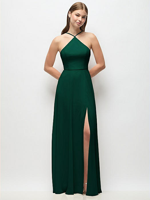 High-Neck Halter Chiffon Maxi Dress with Adjustable Spaghetti Straps