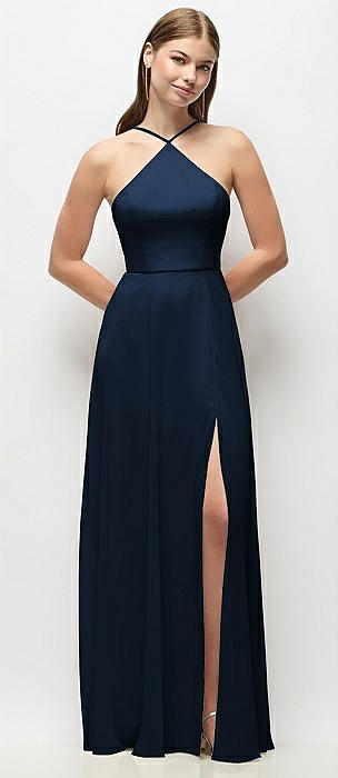 High-Neck Halter Chiffon Maxi Dress with Adjustable Spaghetti Straps