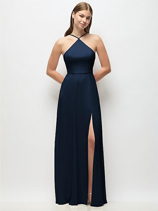 High-Neck Halter Chiffon Maxi Dress with Adjustable Spaghetti Straps