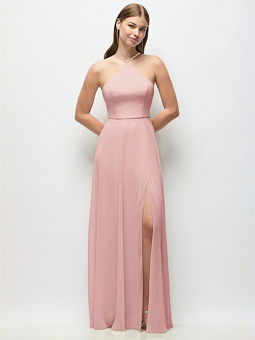 High-Neck Halter Chiffon Maxi Dress with Adjustable Spaghetti Straps