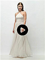 Video 1 Thumbnail - Ballet Pink High-Neck Halter Chiffon Maxi Dress with Adjustable Spaghetti Straps