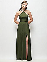 Front View Thumbnail - Olive Green High-Neck Halter Chiffon Maxi Dress with Adjustable Spaghetti Straps