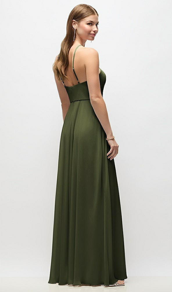 Back View - Olive Green High-Neck Halter Chiffon Maxi Dress with Adjustable Spaghetti Straps
