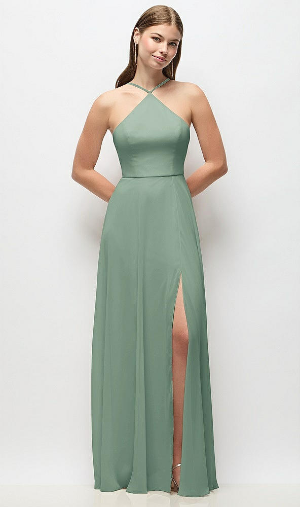 Front View - Seagrass High-Neck Halter Chiffon Maxi Dress with Adjustable Spaghetti Straps