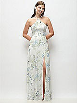 Front View Thumbnail - Bleu Garden High-Neck Halter Floral Chiffon Maxi Dress with Adjustable Spaghetti Straps