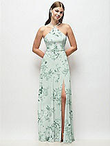 Front View Thumbnail - Mint Green Floral High-Neck Halter Floral Chiffon Maxi Dress with Adjustable Spaghetti Straps