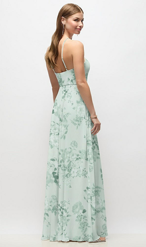 Back View - Mint Green Floral High-Neck Halter Floral Chiffon Maxi Dress with Adjustable Spaghetti Straps